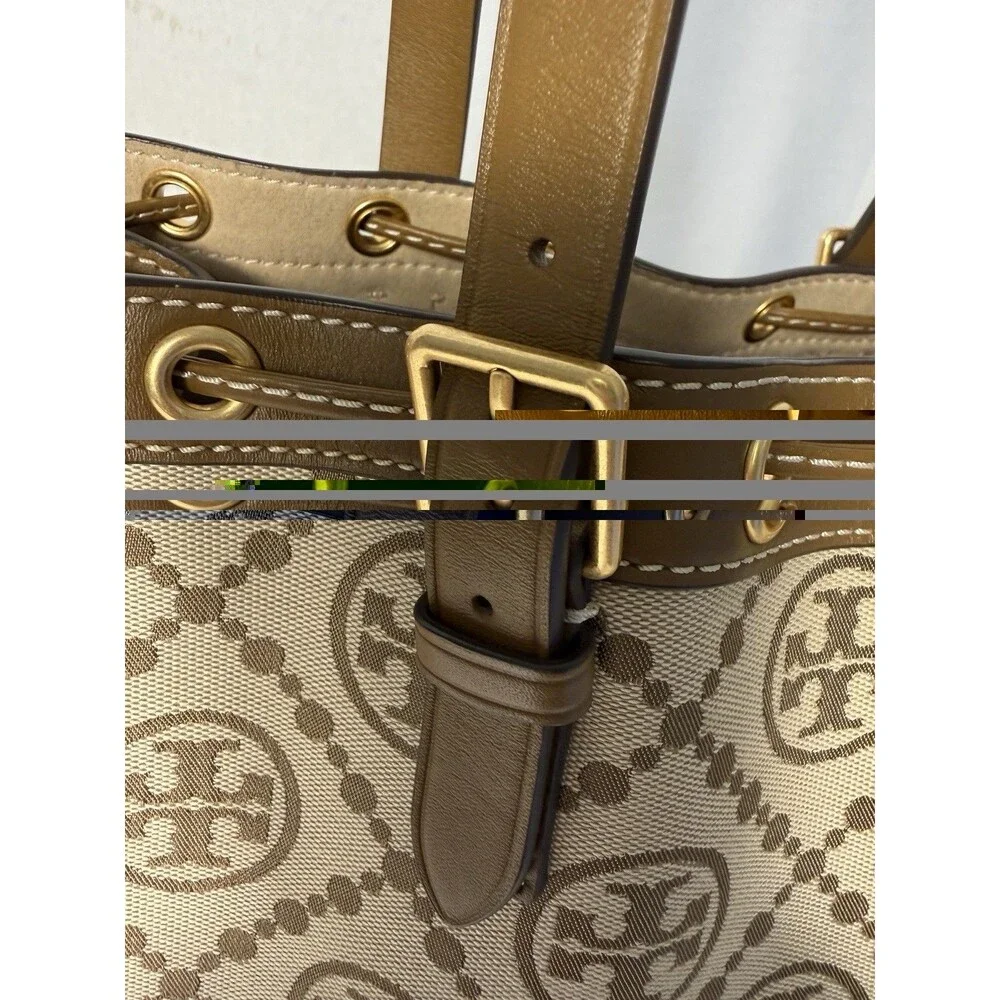 Tory Burch T Monogram Jacquard Logo Tote Bag Large Double Strap Cinch Drawstring